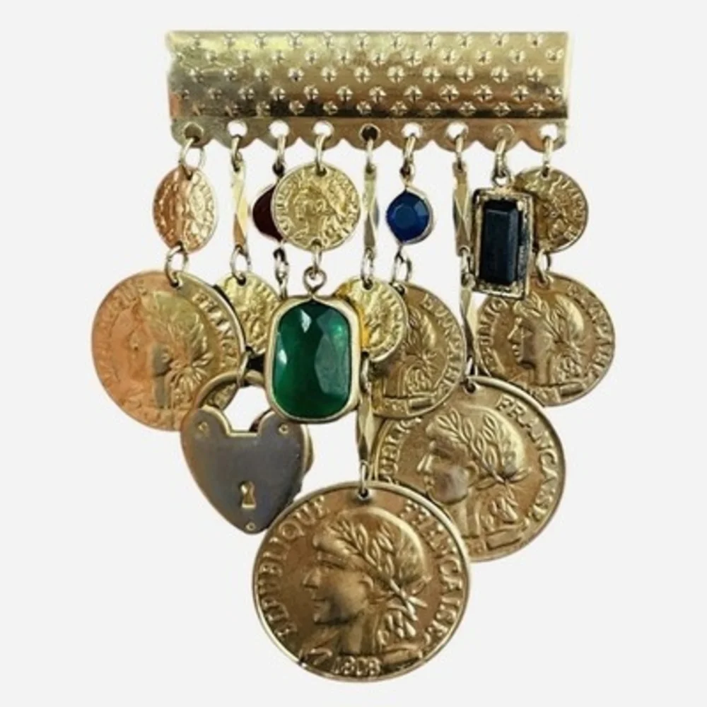 Vintage Gold Tone French Republic Coin Charm Brooch Multi Crystal Statement 3.5